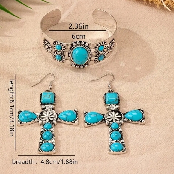Turquoise and Silver Cross Earrings Bracelet bundle - Picture 4 of 4